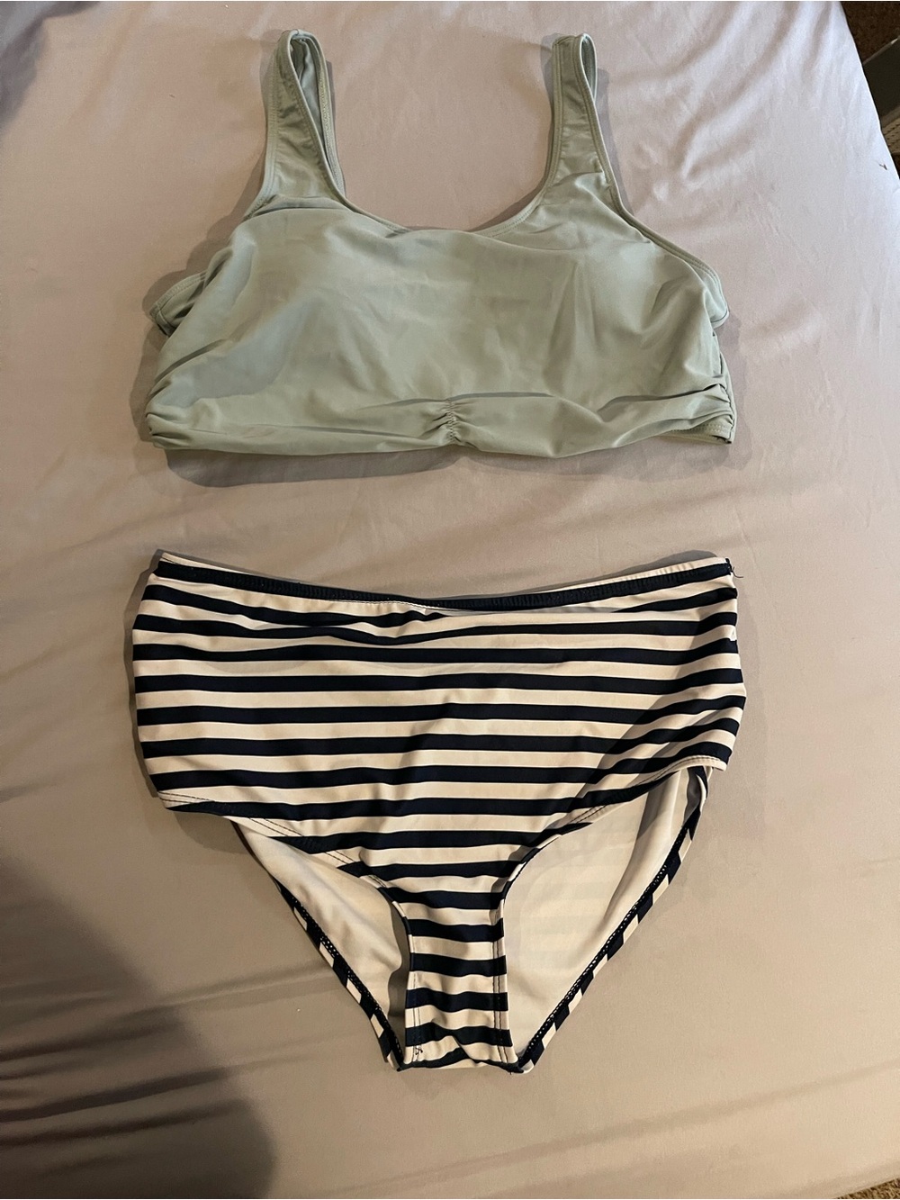 Light Sage Scoop Bikini Top with Navy & White Striped High-Waist Bottom